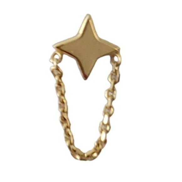 14K Yellow Gold 4 Point Star With Chain Dangle One Post Earring, E116 - Picture 11 of 11